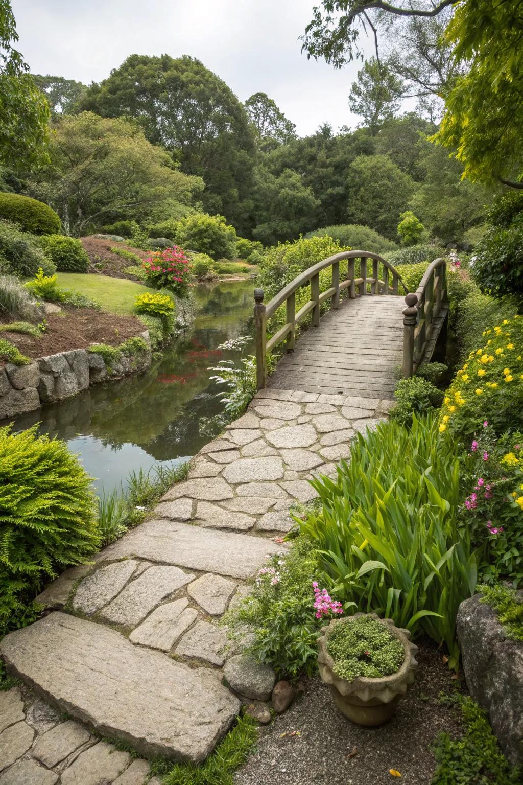 A stone pathway guides the way to a charming garden bridge.