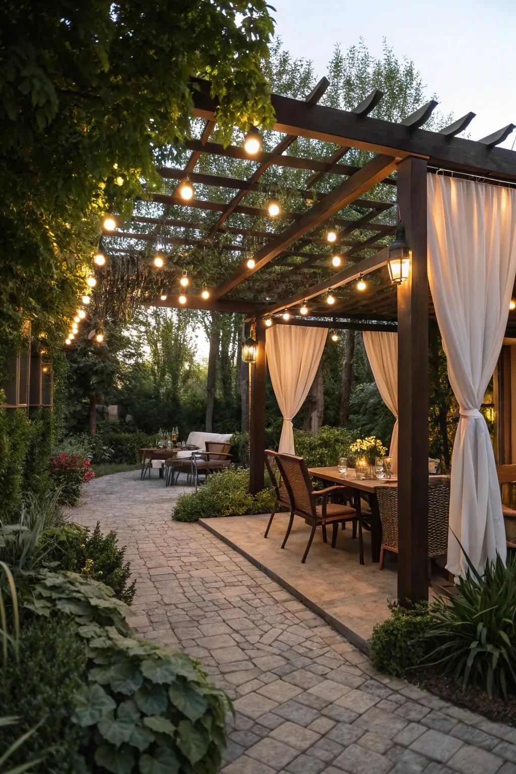 String lights draped over a pergola, creating a warm, inviting atmosphere for outdoor seating.