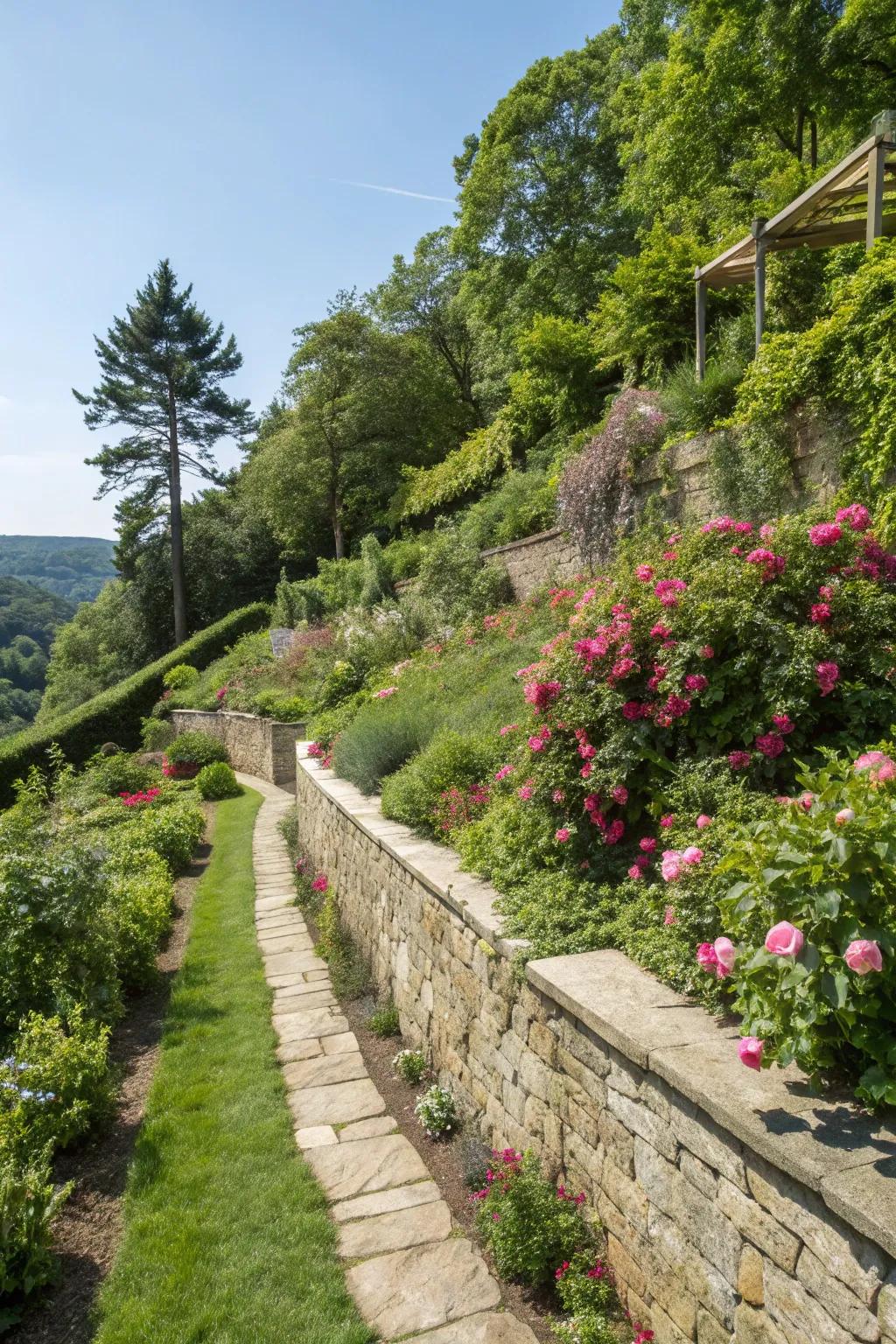 Retaining walls add both function and beauty to a sloped garden.