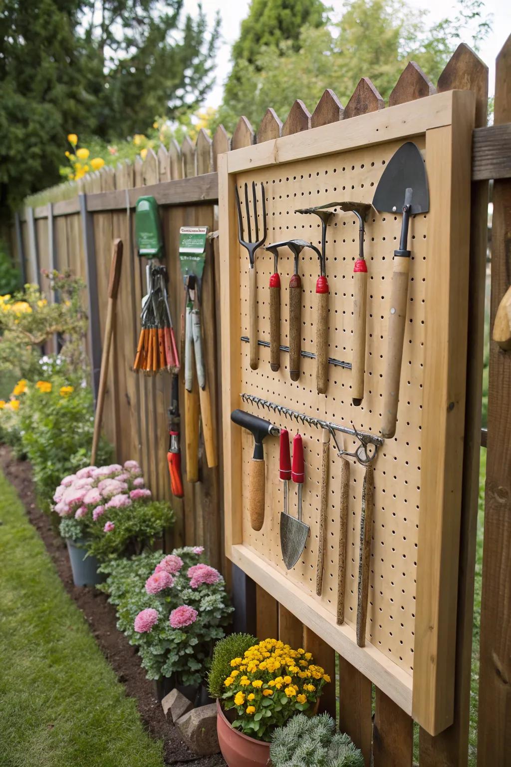A pegboard keeps gardening tools organized and accessible
