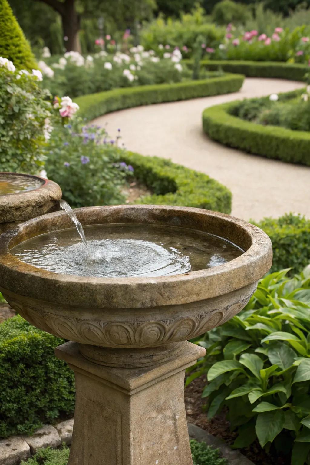 A pedestal water feature adds a calming element to your garden.