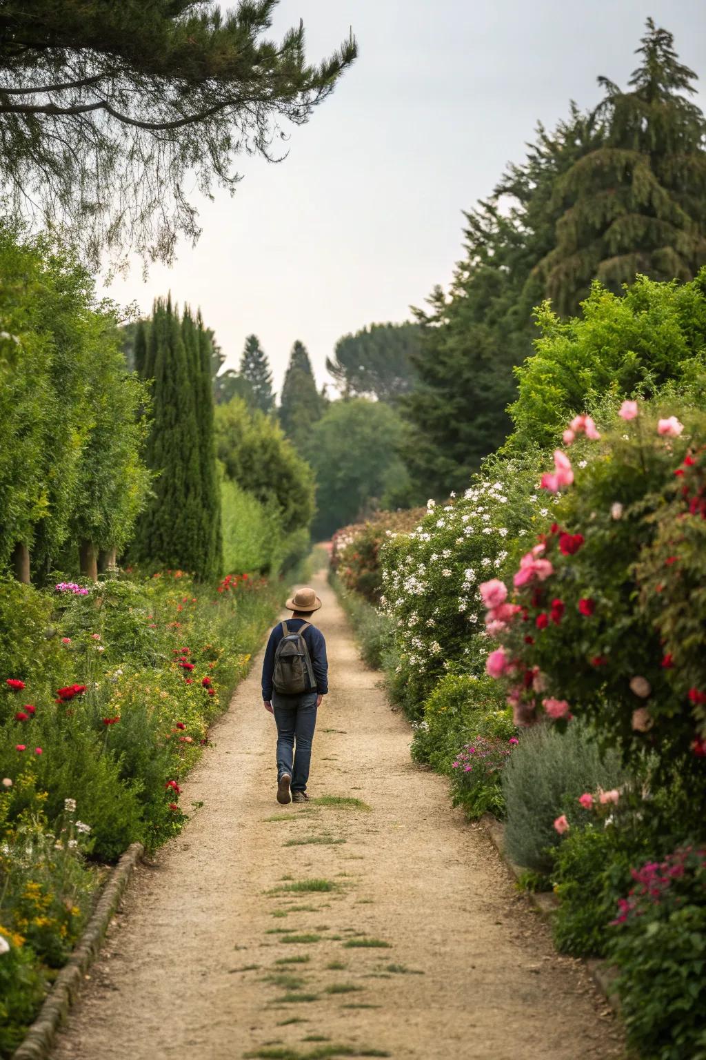 Strolling through a rustic garden path.
