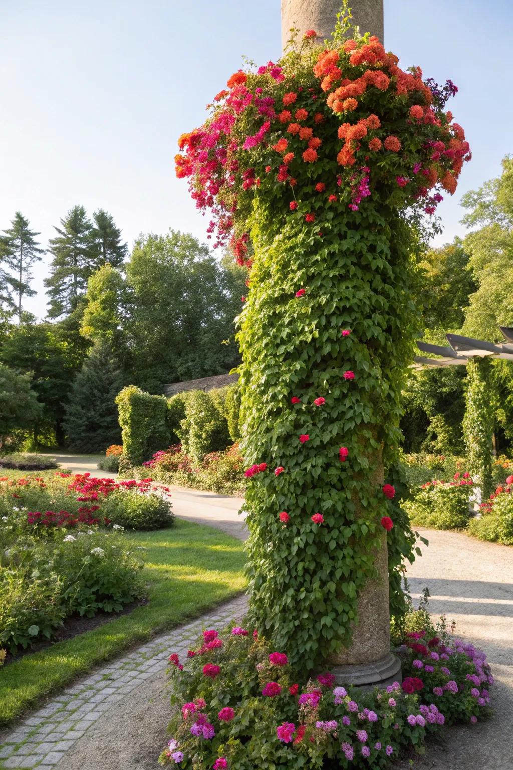 Living plant pillars that bloom with the seasons for a dynamic garden feature.