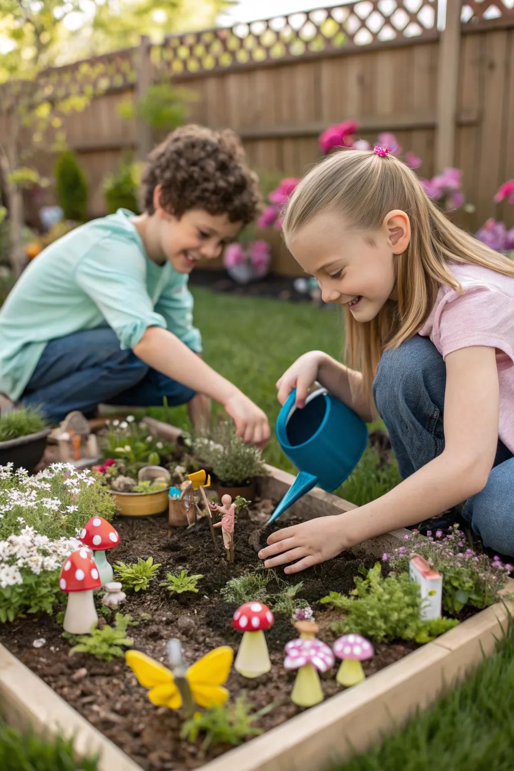 Children engaged in planting and caring for a miniature garden with fairy elements.