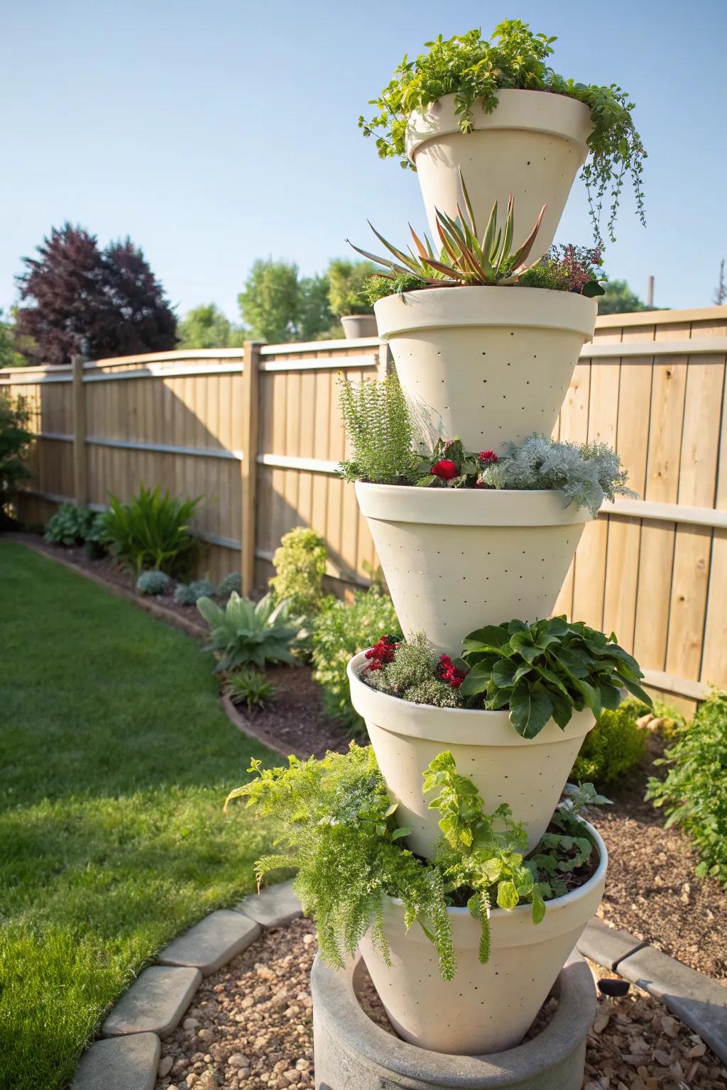Stacked pots forming an eye-catching vertical garden arrangement.