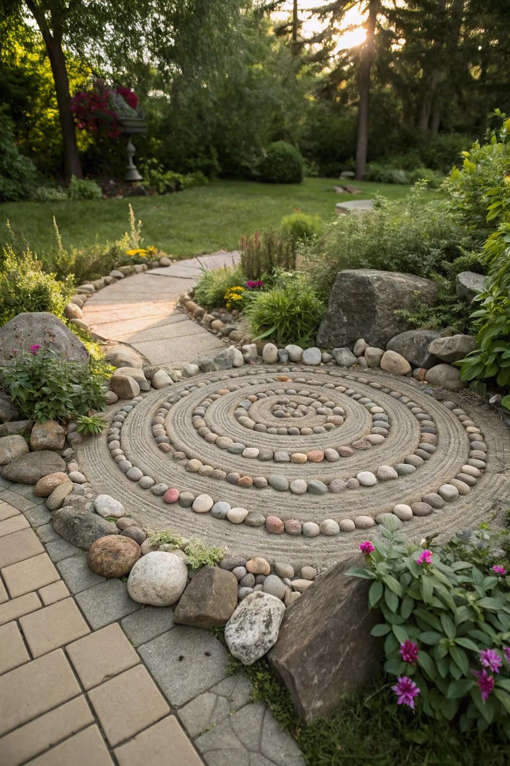 A rock mandala adds a touch of intricate beauty to any garden.