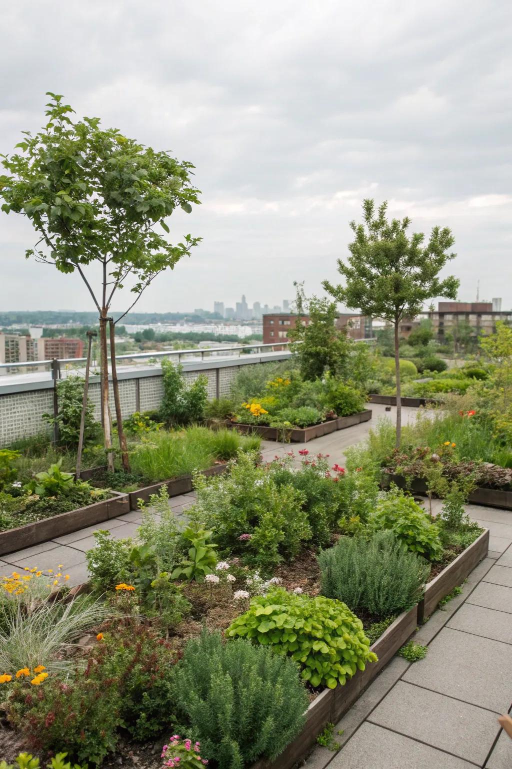 A vibrant rooftop garden filled with lush greenery.
