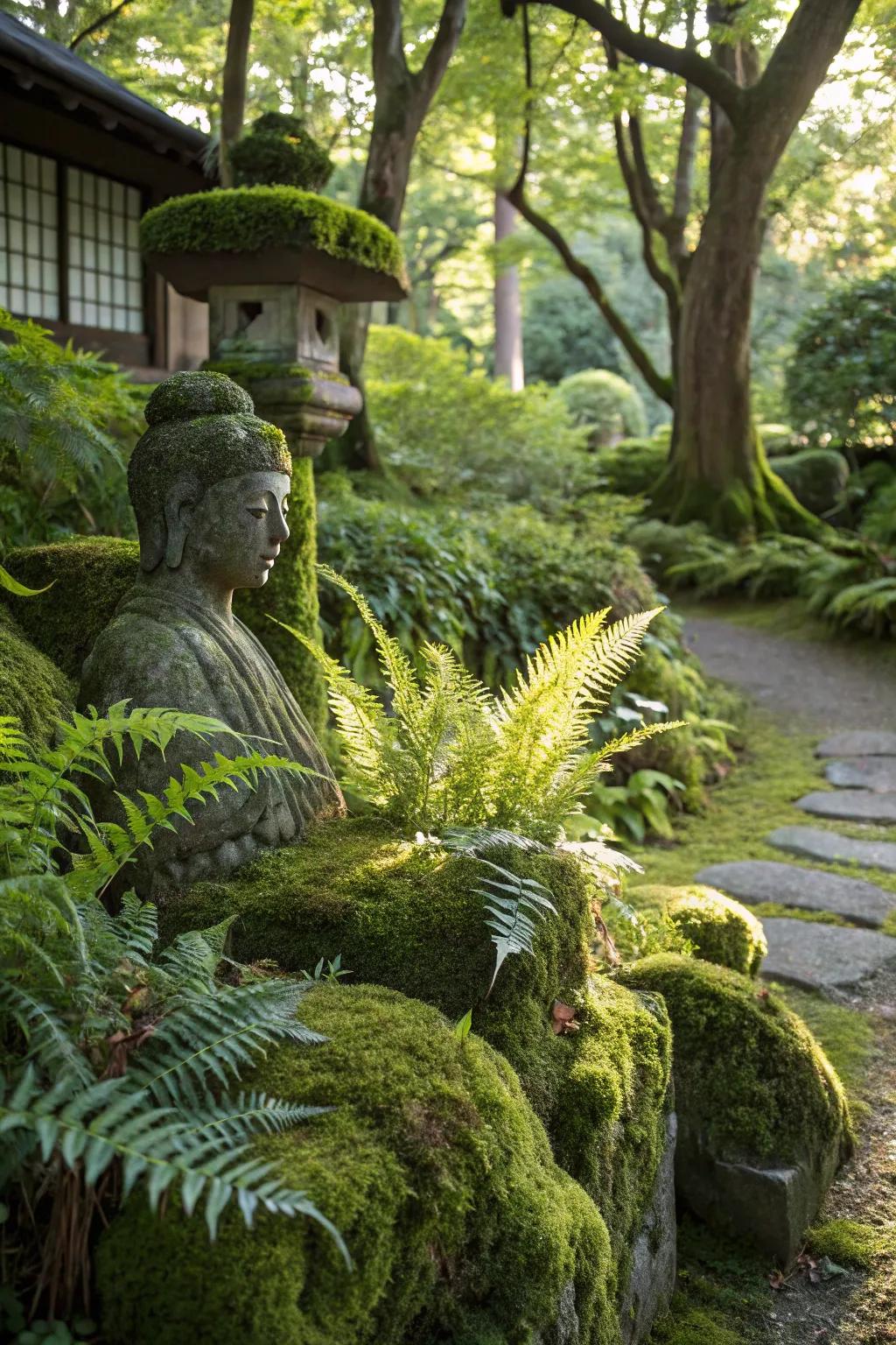 Stone sculptures harmonize beautifully with natural garden settings.