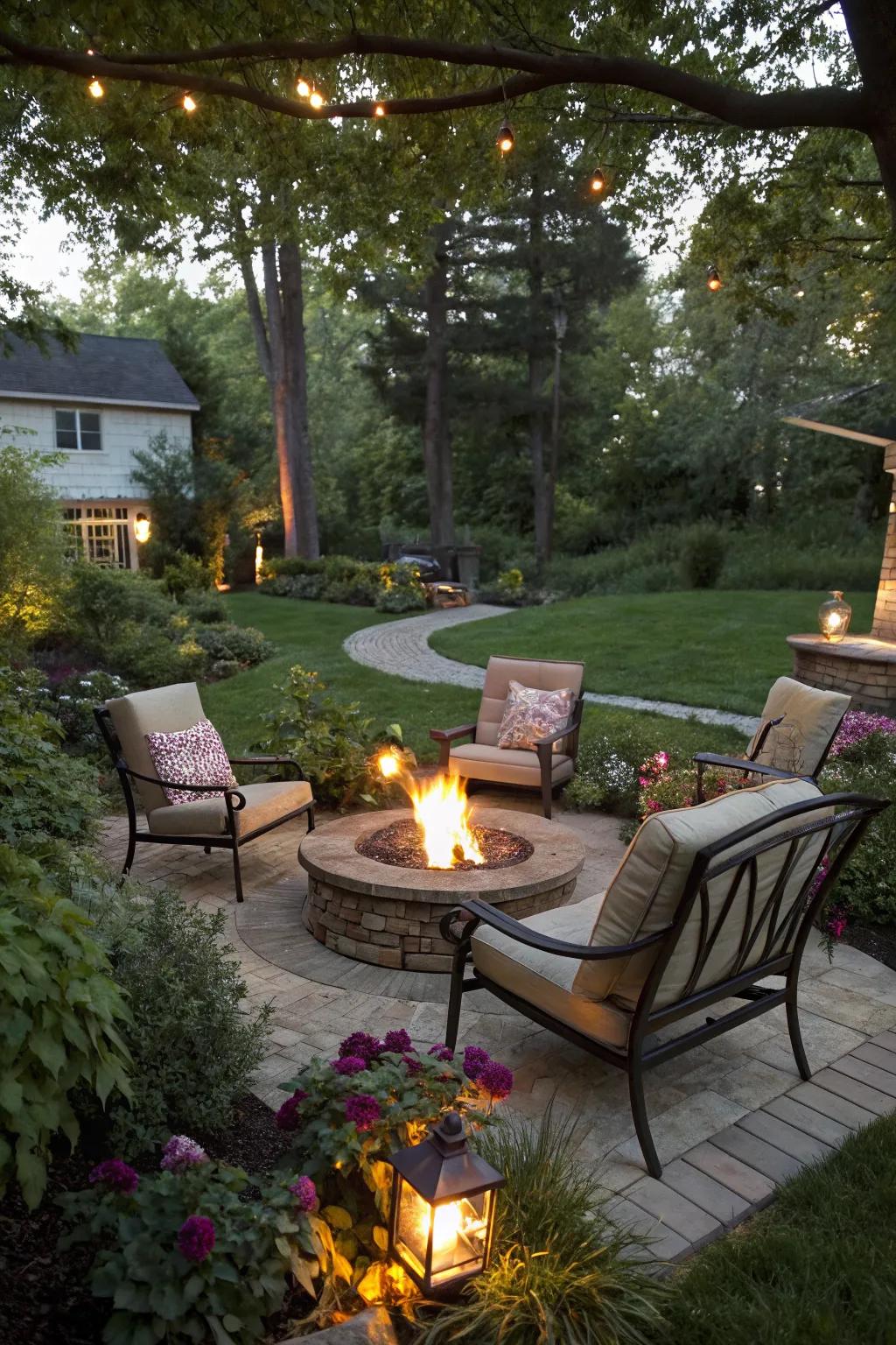A garden seating area focused around a warm, inviting fire pit.