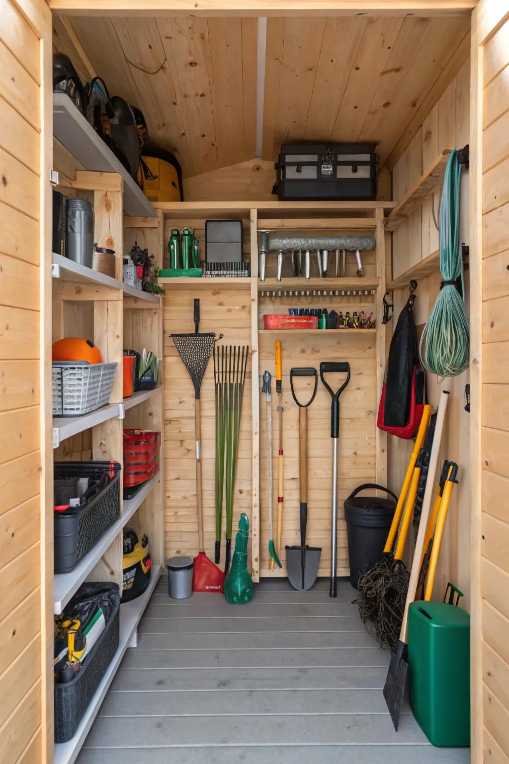 Adjustable shelves make room for everything from large pots to small seed packets.