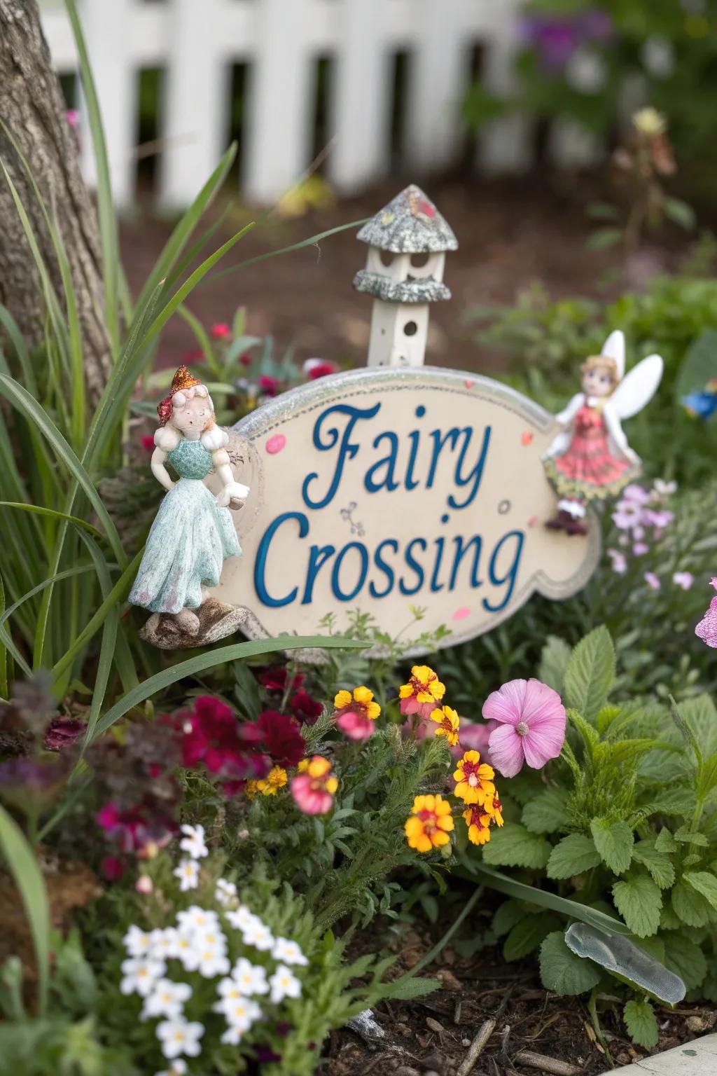 A 'Fairy Crossing' sign adds charm and whimsy to the garden.