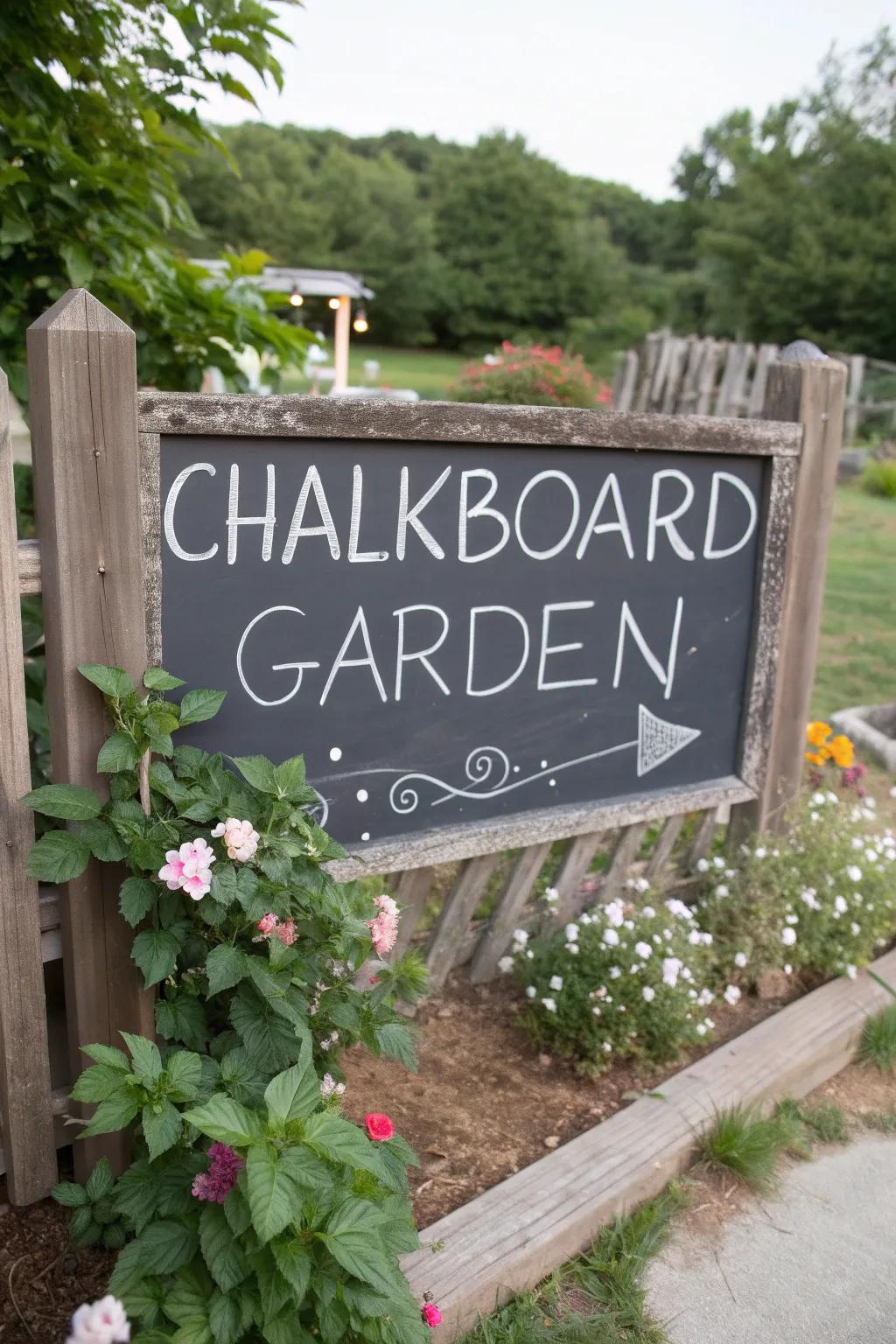 A charming chalkboard garden sign with a handwritten message in a rustic garden setting.