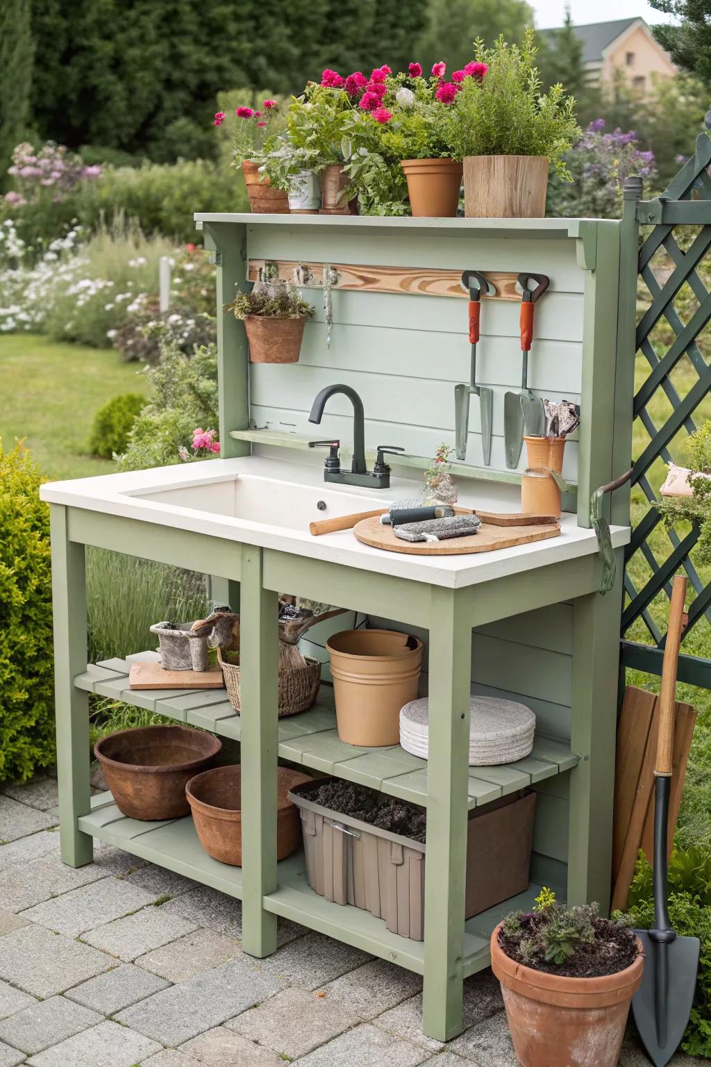 A garden workstation with a practical sink, perfect for potting and organizing tools.