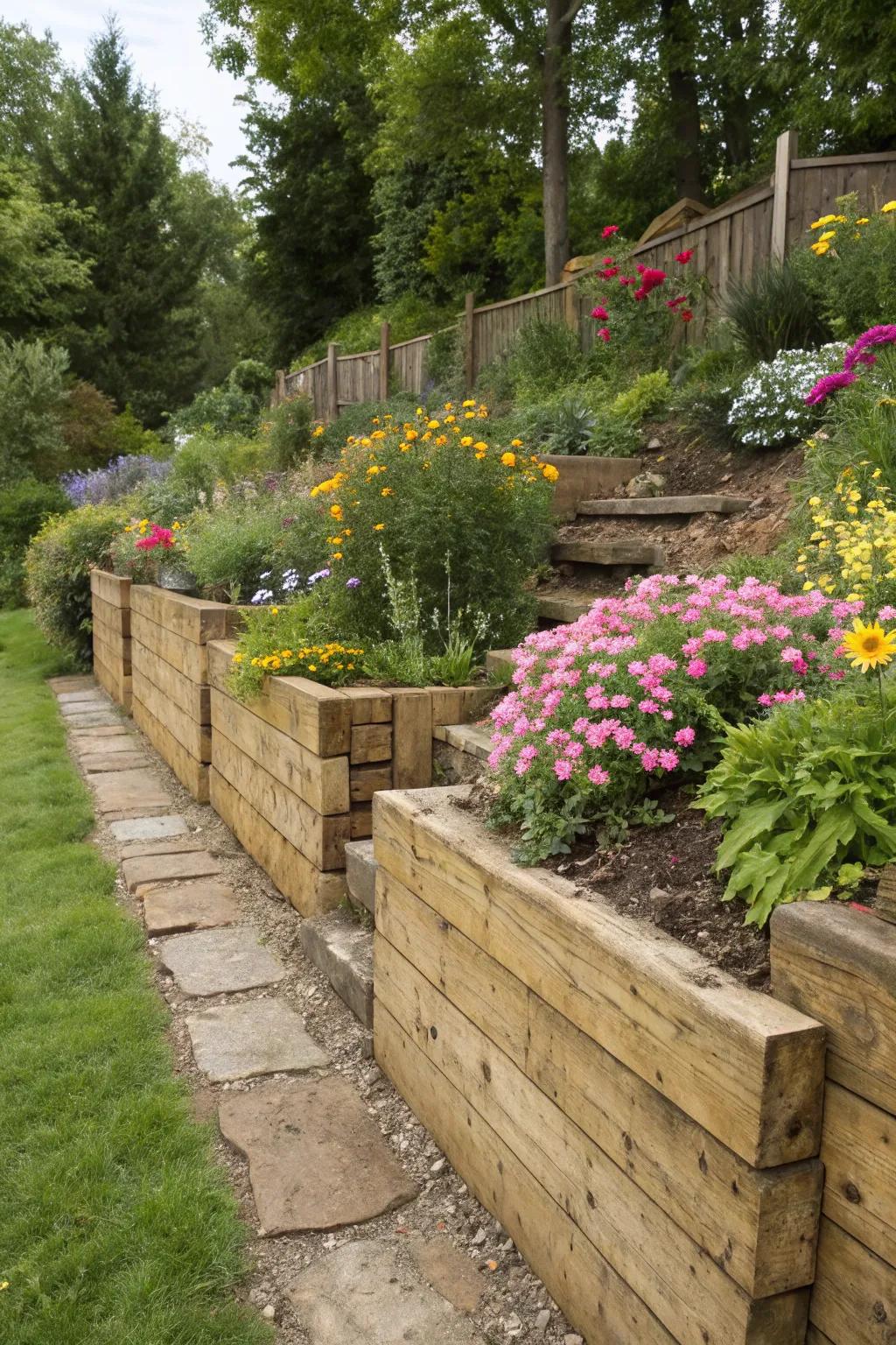 A natural retaining wall using sleepers, enhancing the garden's beauty.