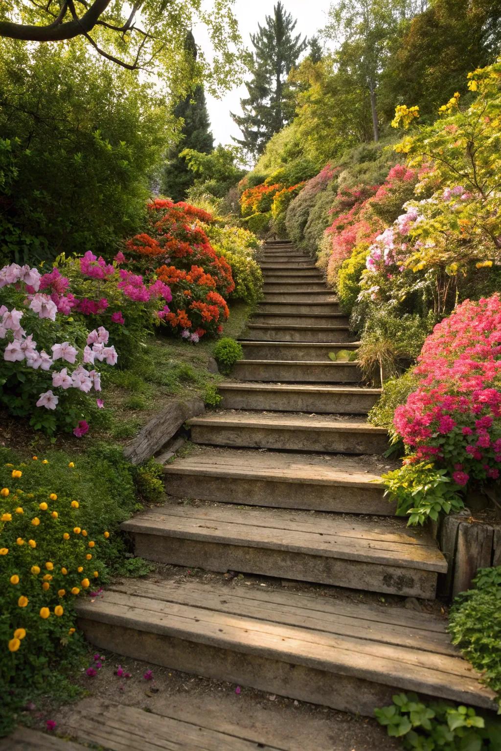 Charming wooden stairs surrounded by flourishing flowers.