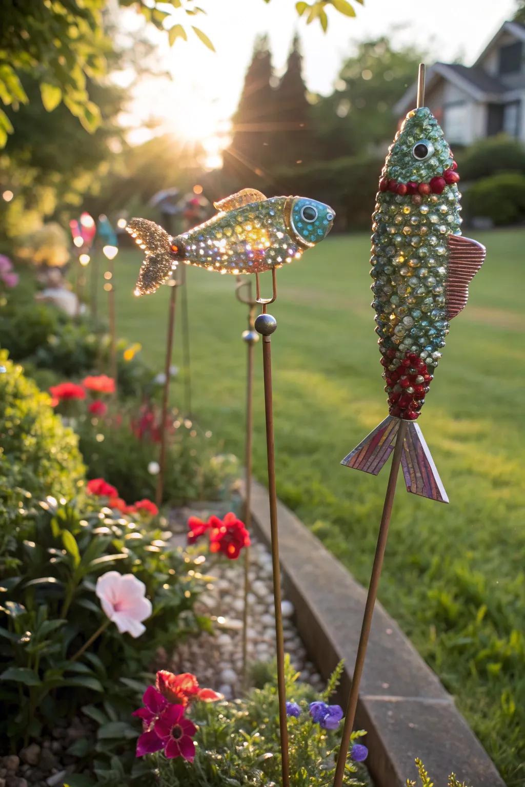 Shimmering beaded fish stakes adding an aquatic charm to the garden.