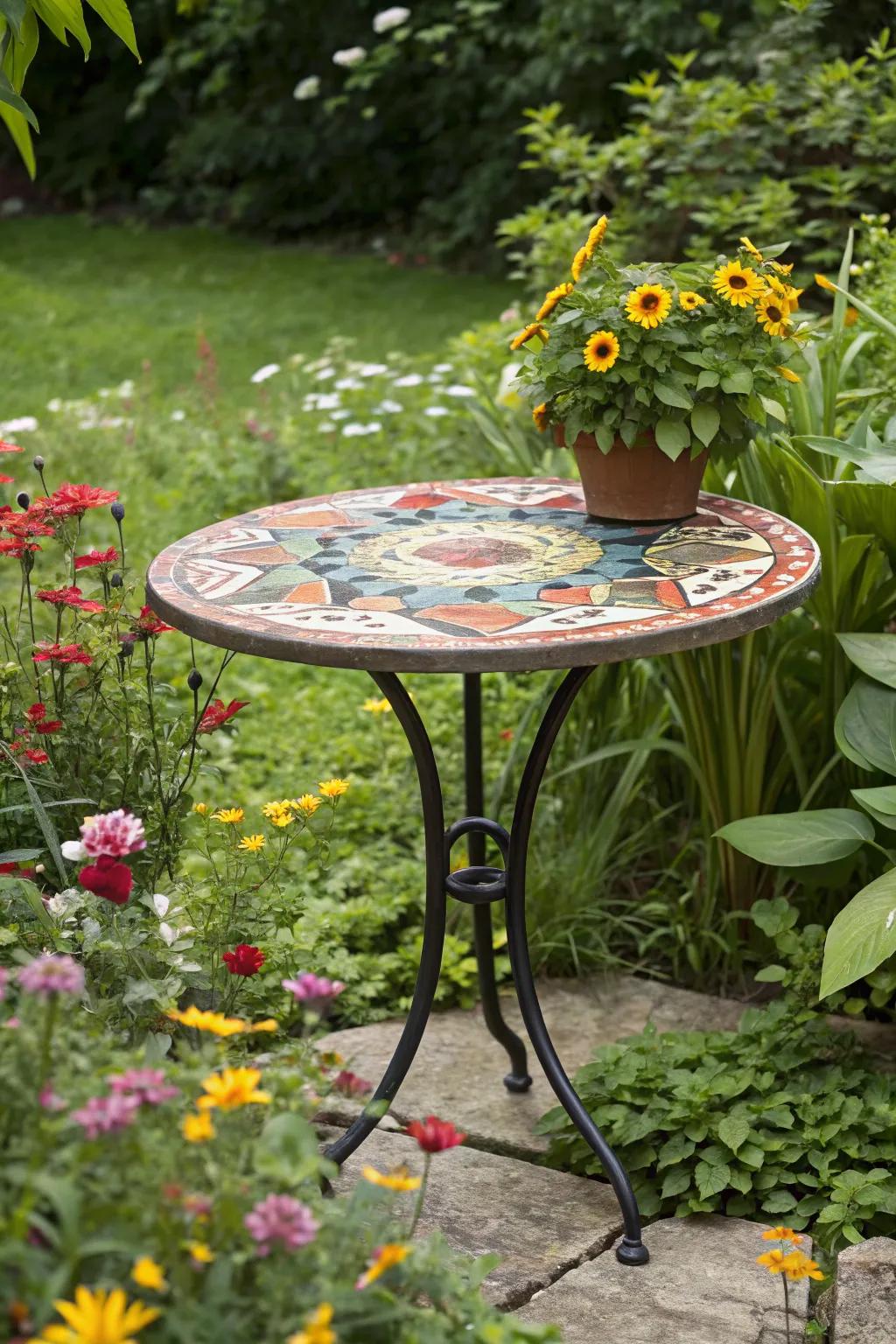An artistic mosaic tabletop, adding a splash of color to the garden.