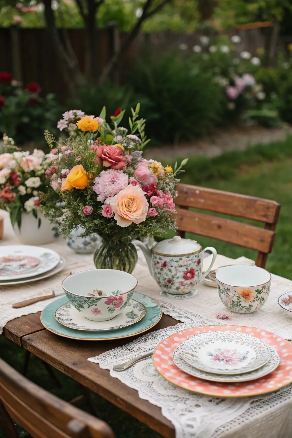Mismatched vintage china adds charm and elegance to the garden table.