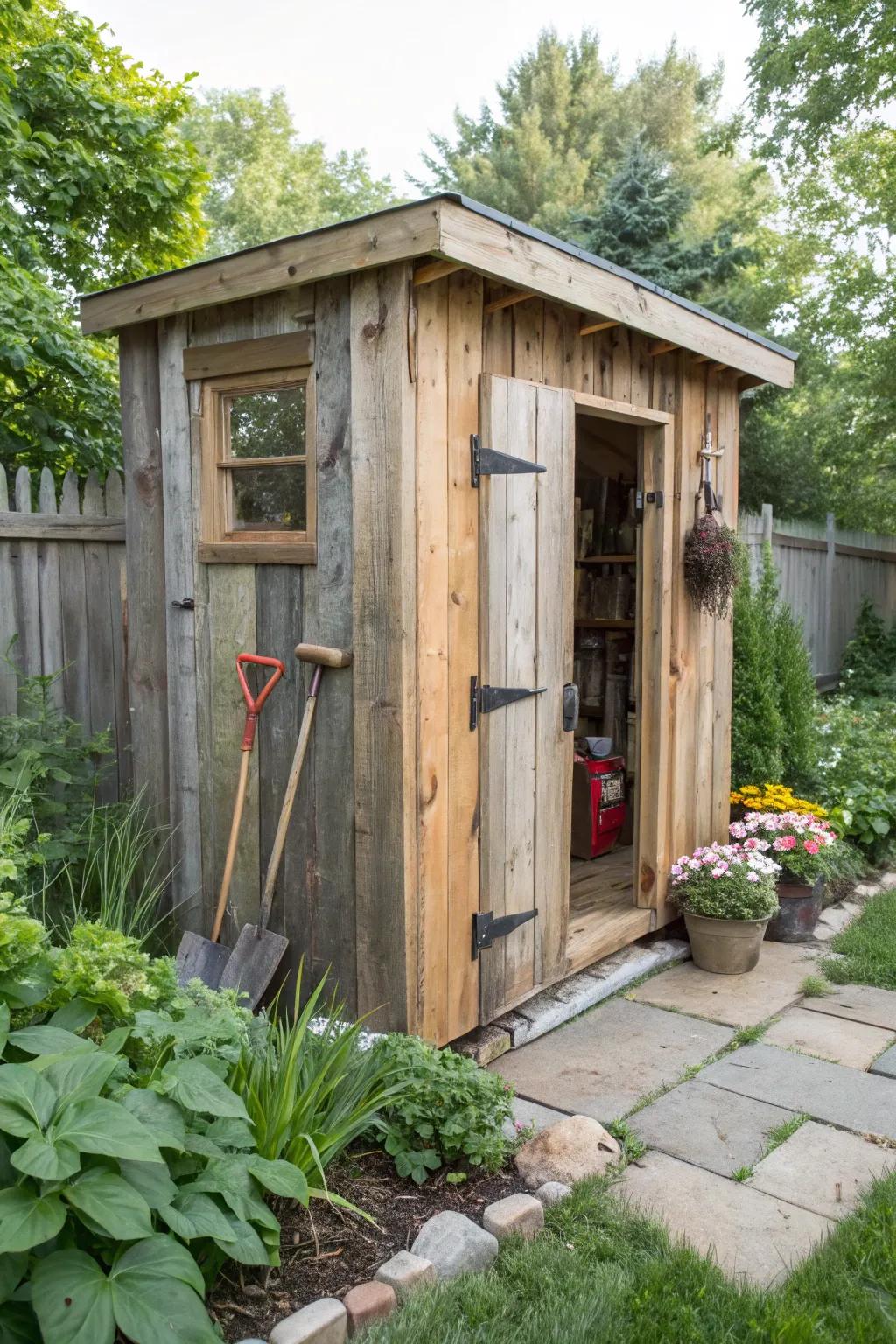 A DIY garden tool shed with rustic charm.