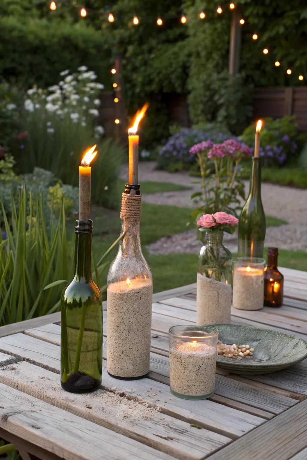 Wine bottle torches add a unique, personal flair to your outdoor space.