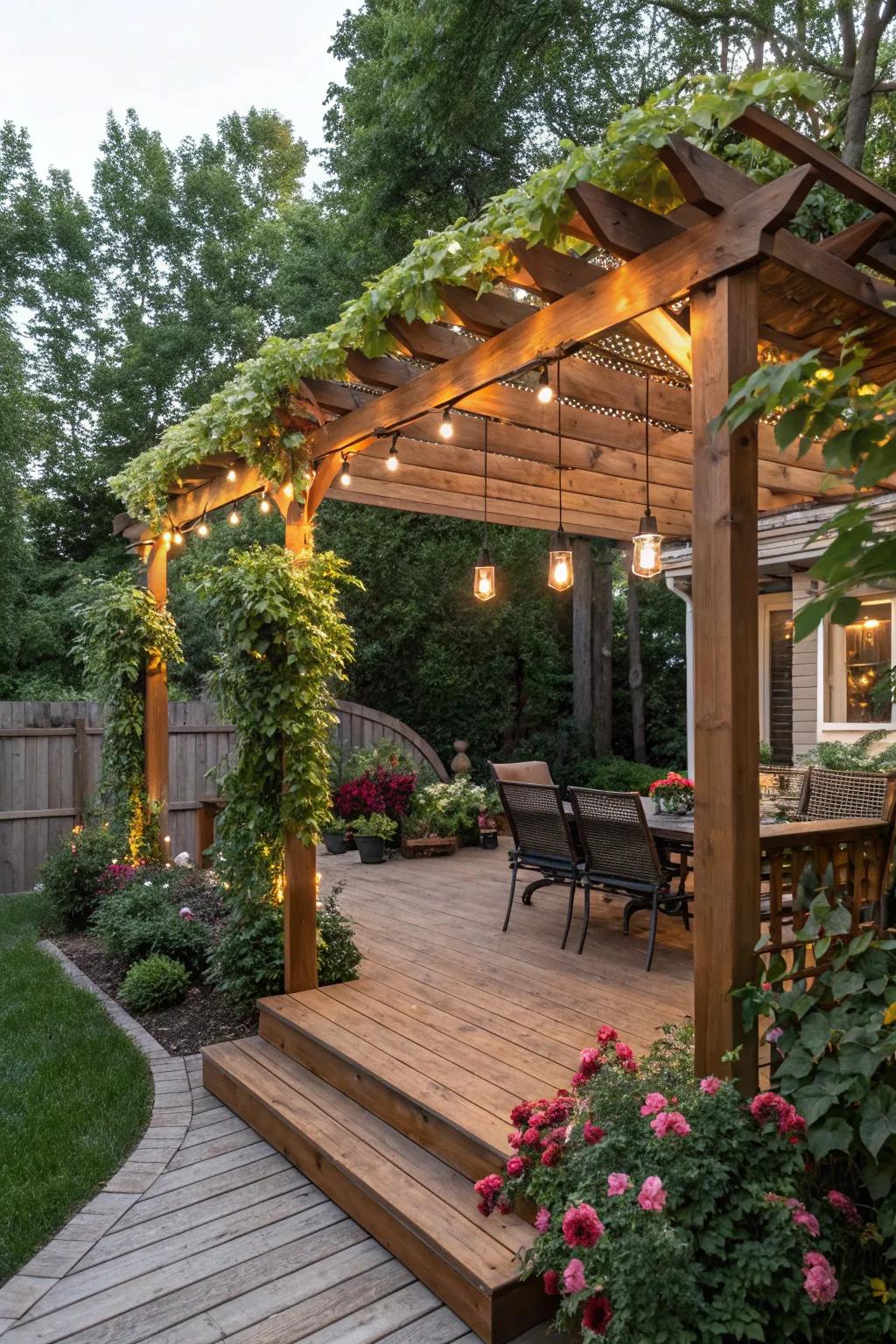 A pergola-covered deck creates a serene garden retreat.