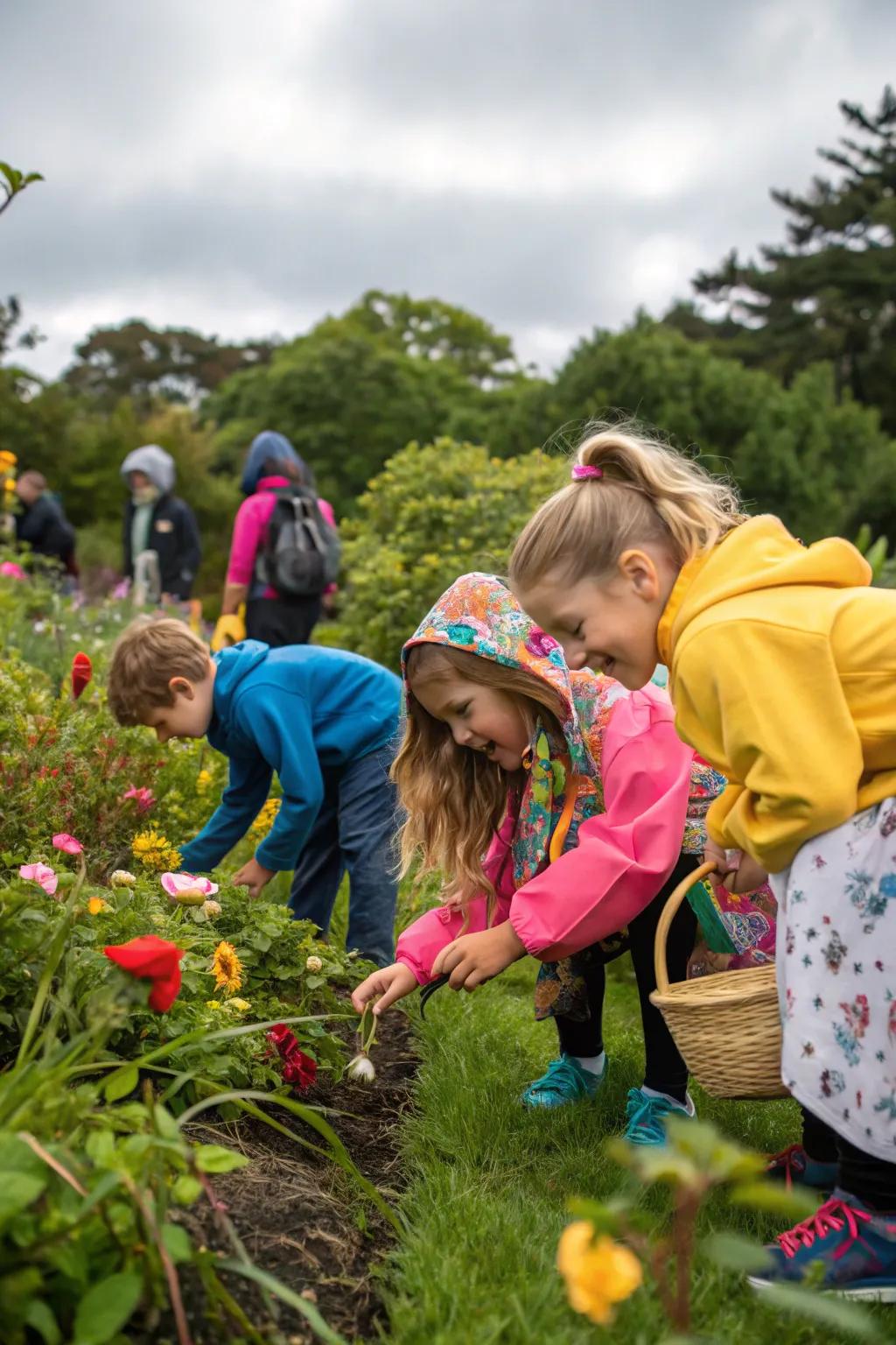 Kids enjoying a scavenger hunt in the garden, discovering nature's treasures.