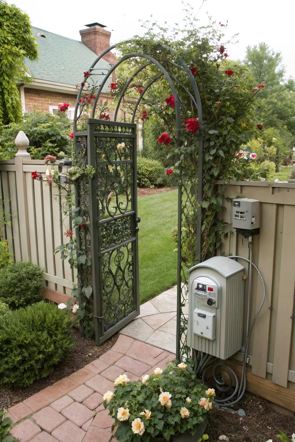 A faux garden gate adds a charming touch.