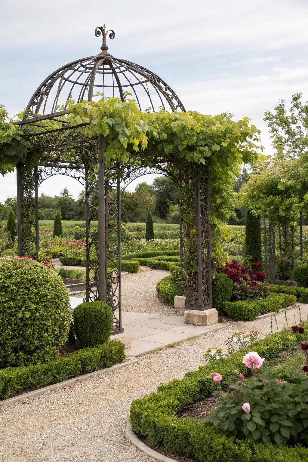 Wrought iron arbors add elegance and are perfect for supporting heavy vines.