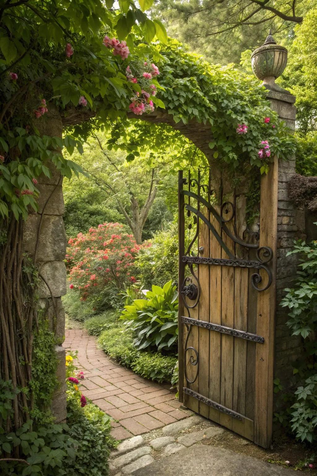 Wood and wrought iron combine for a timelessly elegant gate.