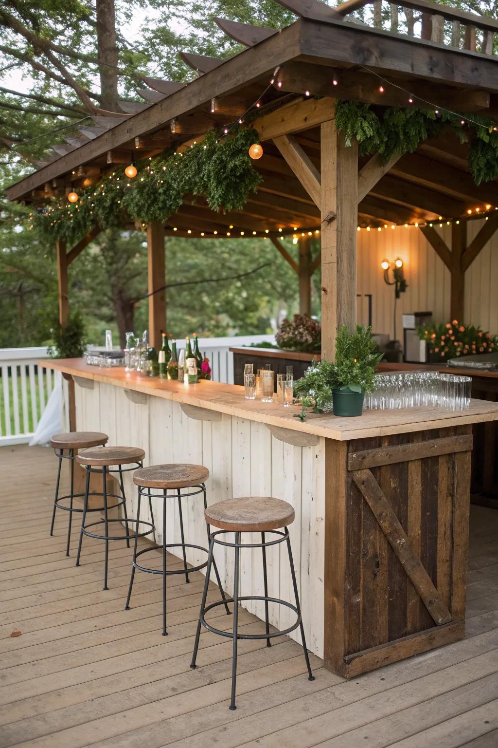 A rustic gazebo bar with reclaimed wood and vintage seating for a warm ambiance.