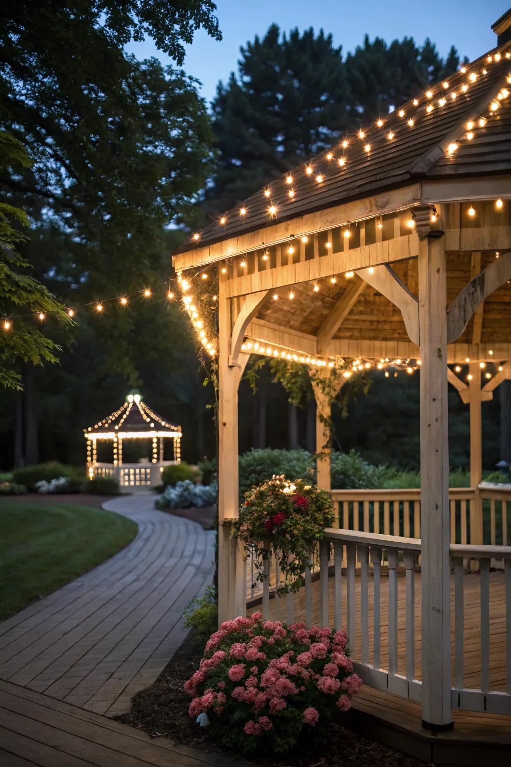 String lights add a magical glow to any gazebo setting.