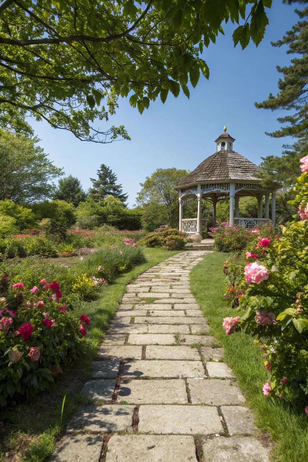 A rustic stone pathway inviting you to the gazebo.