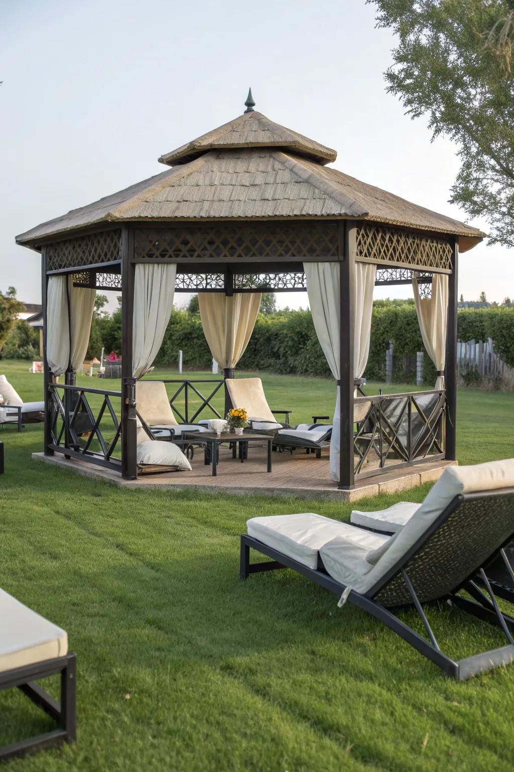 A gazebo with inviting seating, perfect for relaxation and conversation.