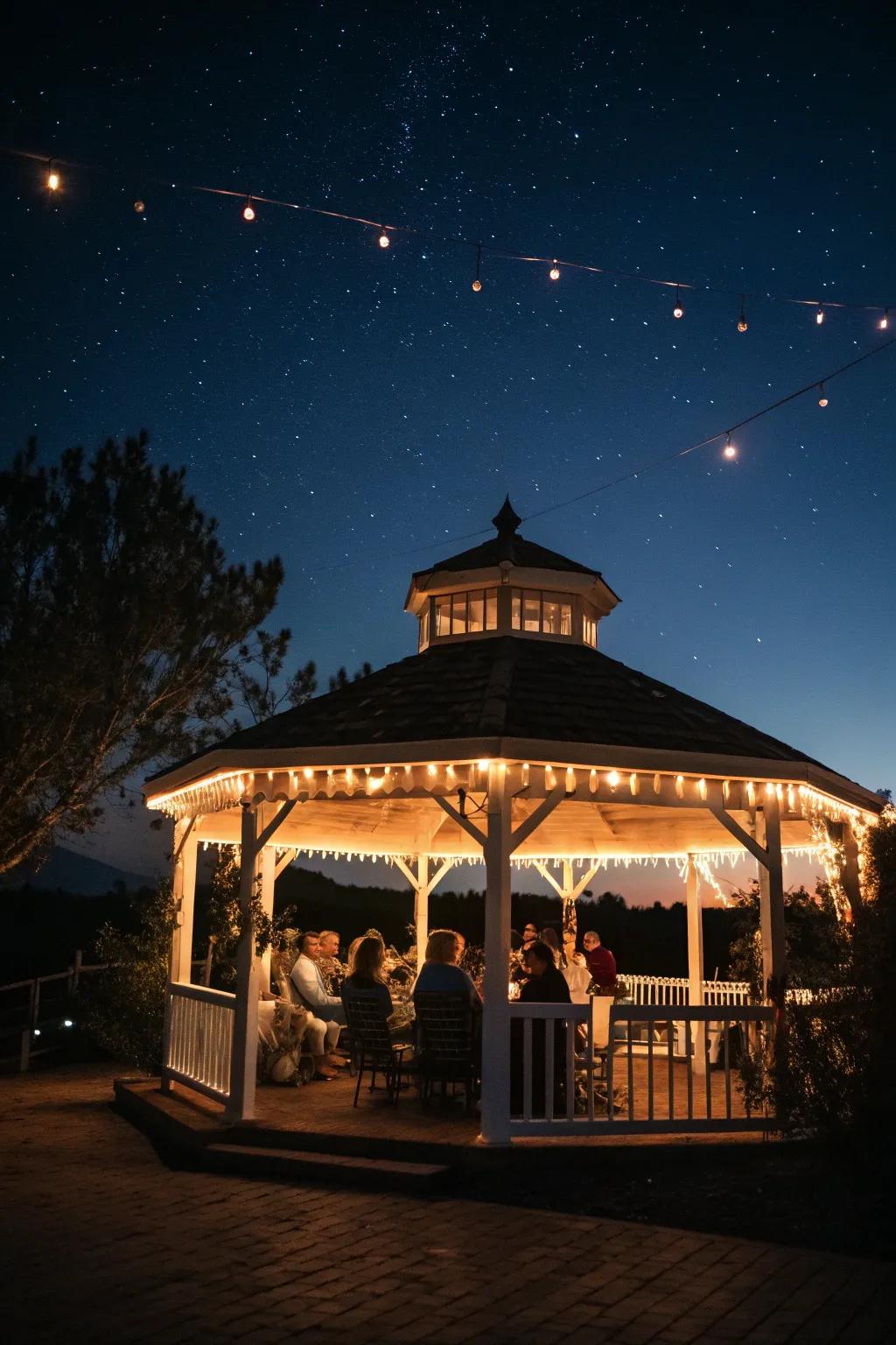 String lights casting a magical glow over a gazebo party.