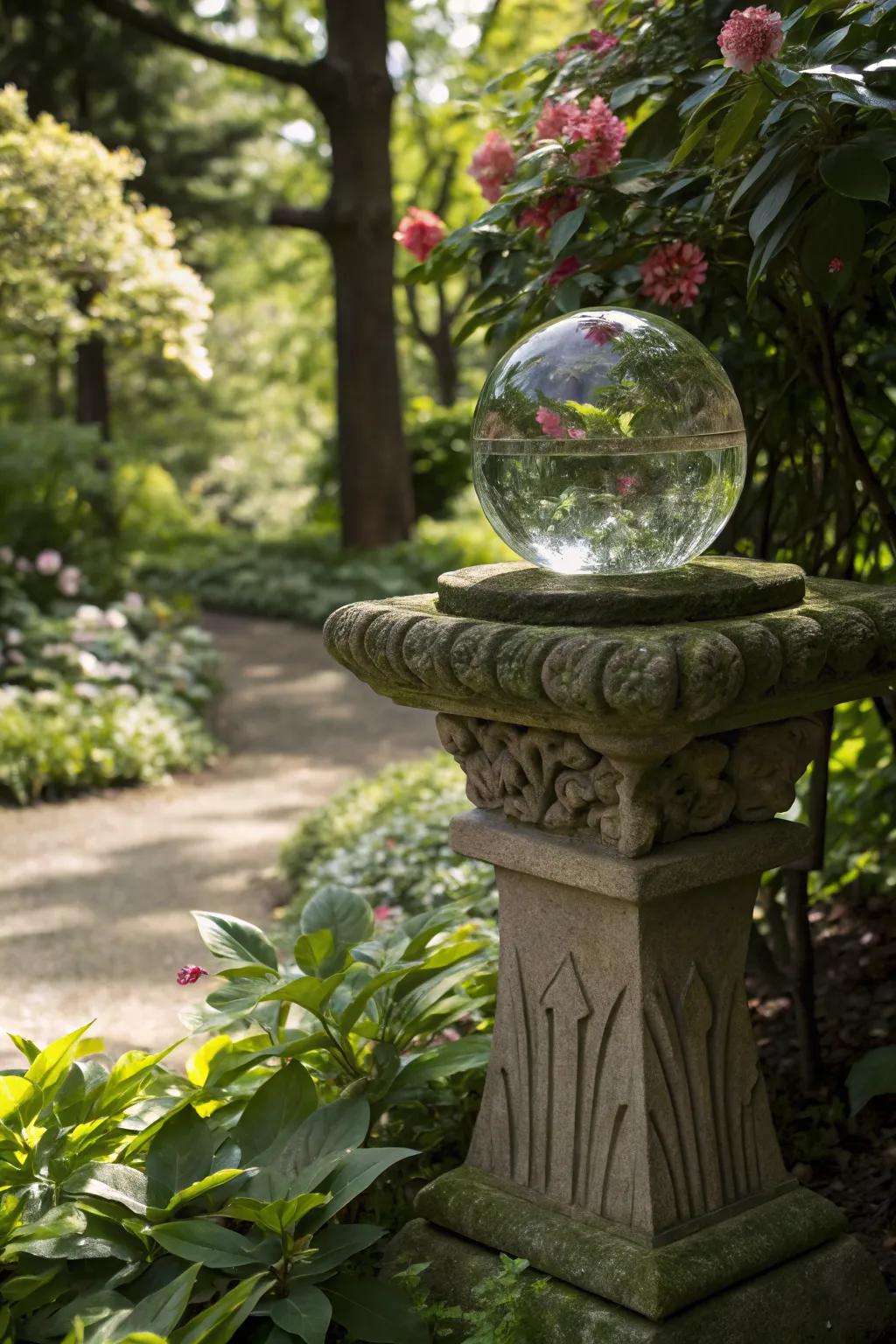 A timeless stone pedestal perfectly complements the garden's natural beauty.