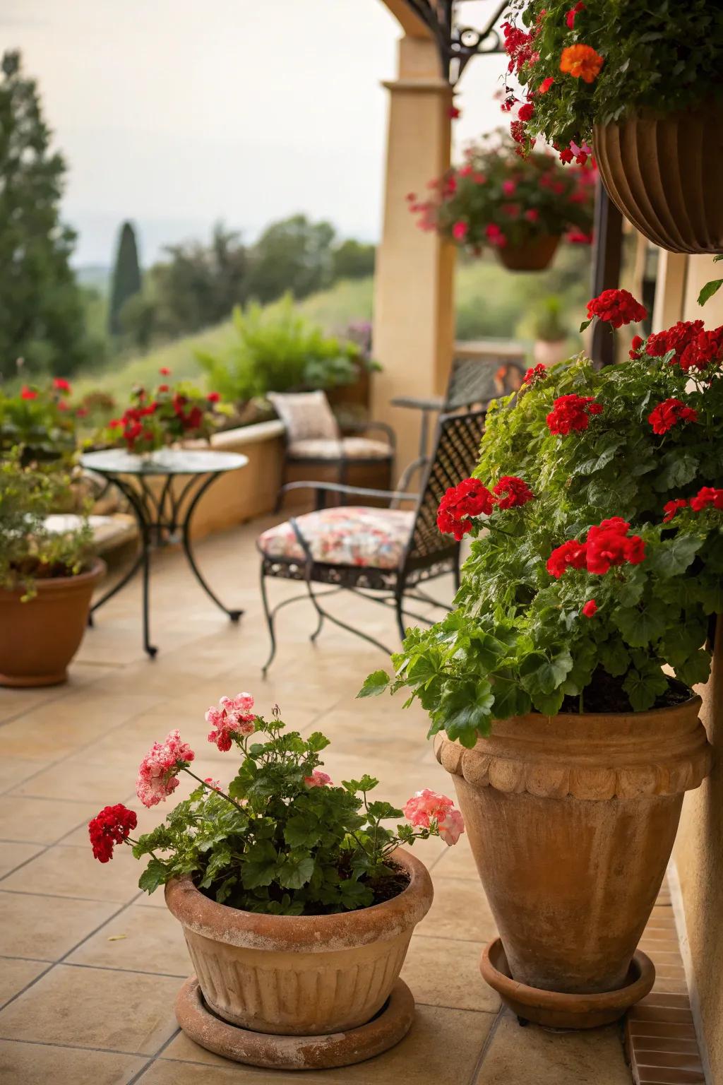 A patio adorned with decorative pots and vibrant geraniums.