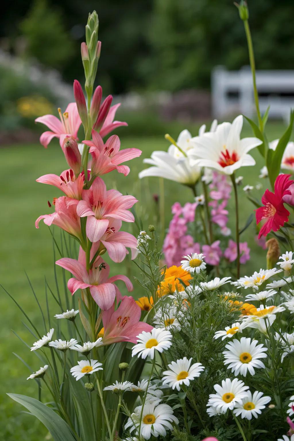 A dynamic mixed flower bed featuring gladiolus among other perennials.