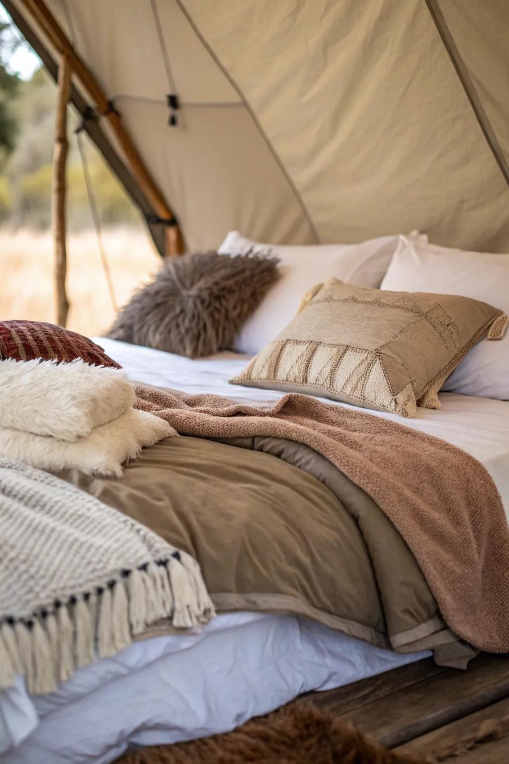 Layers of plush pillows and soft blankets create a cozy sleeping oasis.