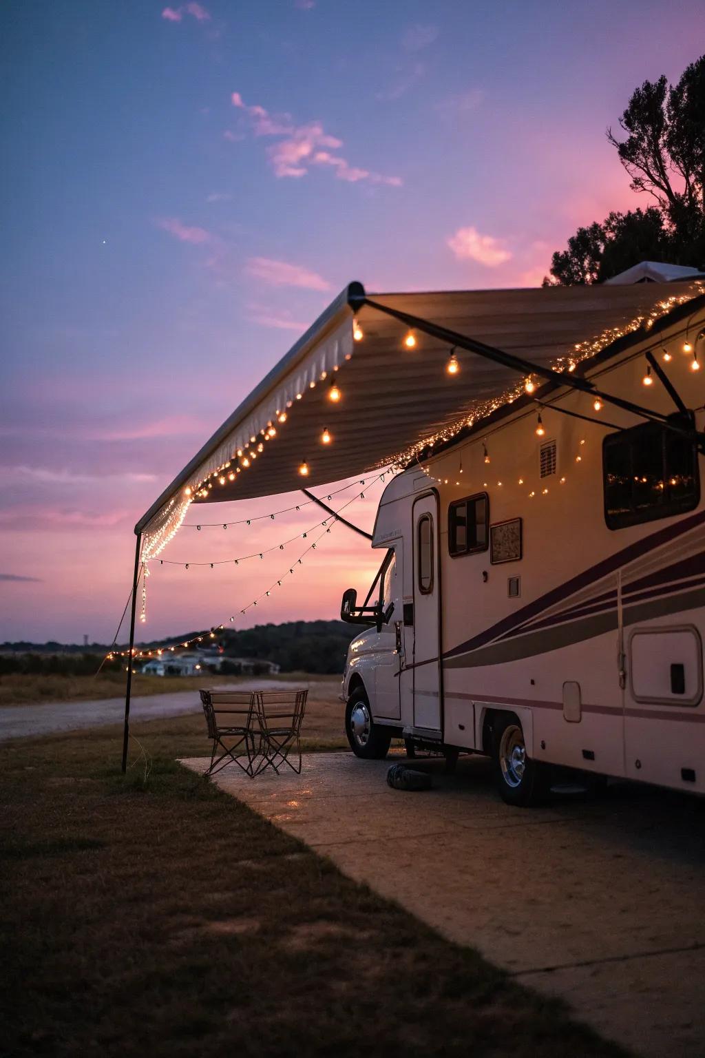 String lights creating a magical ambiance around an RV awning at dusk