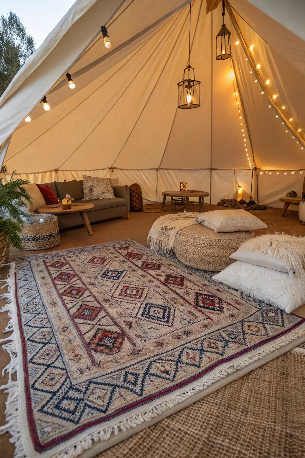 A decorative rug adds warmth and style to any glamping tent.