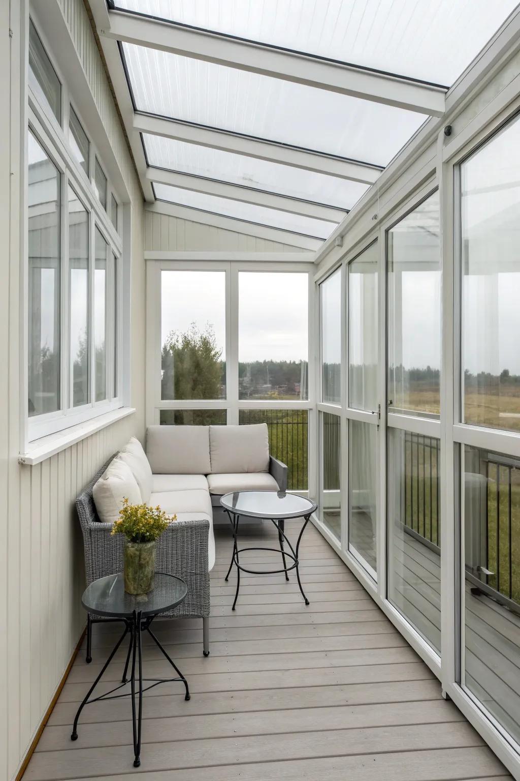 A modern and minimalist glass-enclosed porch that blends clean lines with nature.