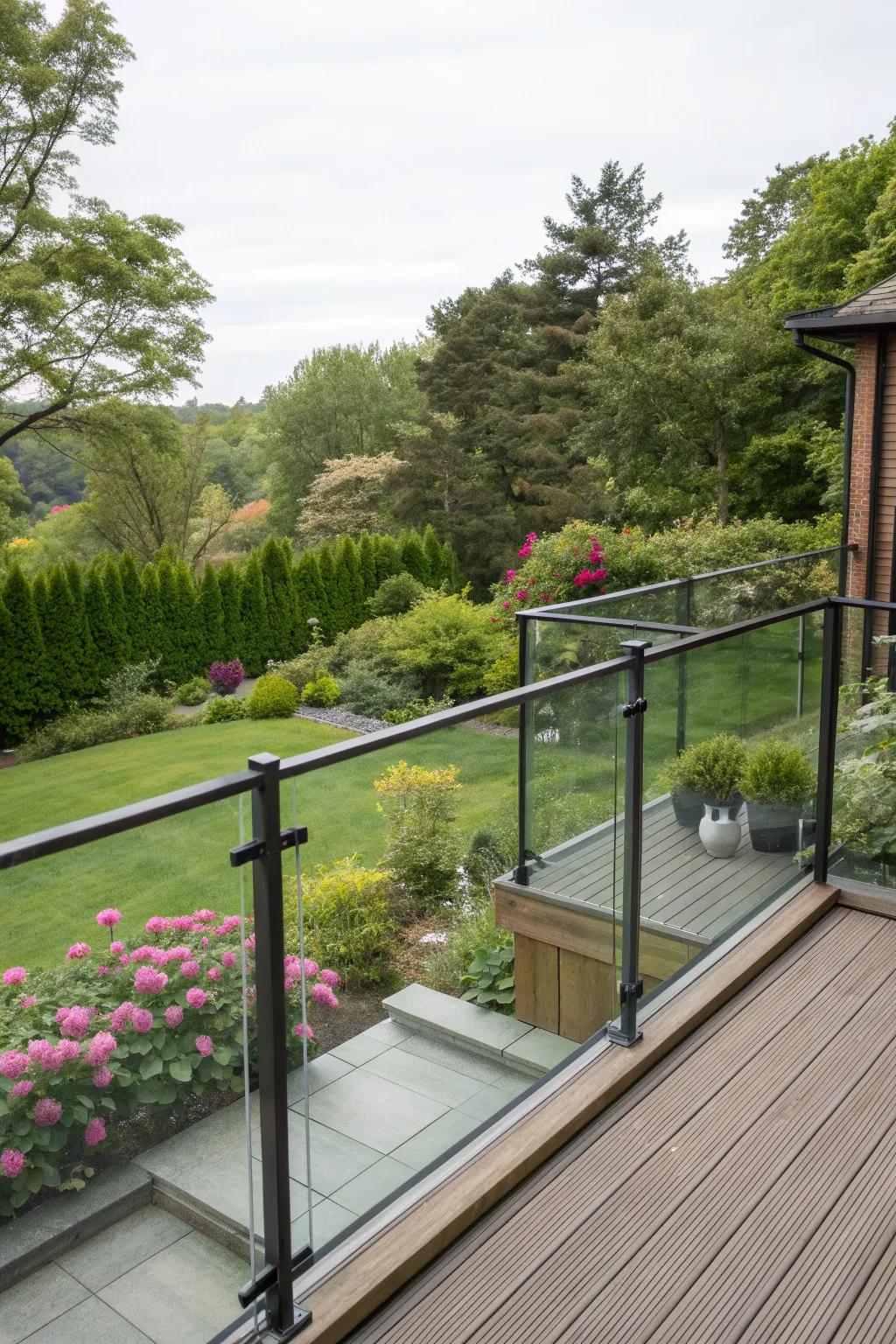 Tinted glass railings on a deck offering both style and privacy.