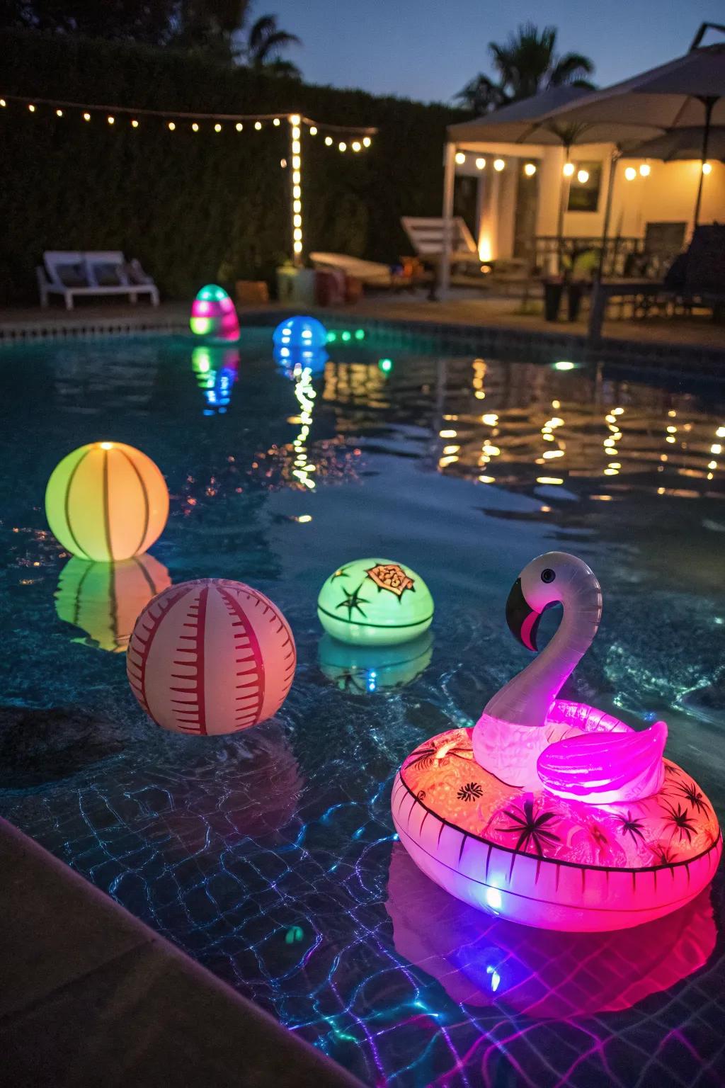 LED floats create a vibrant and playful pool party atmosphere.