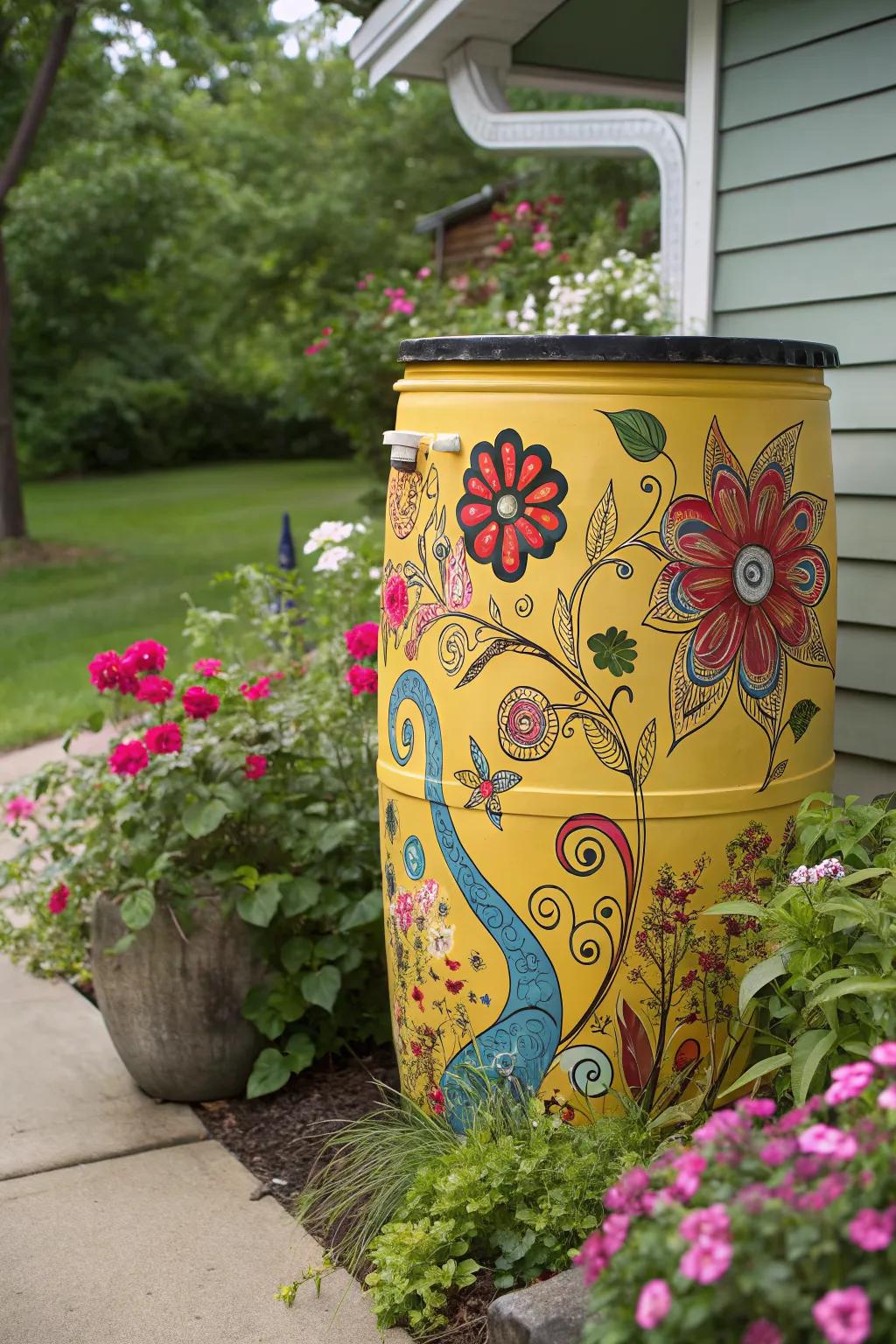 A rain barrel transformed into a stunning piece of garden art