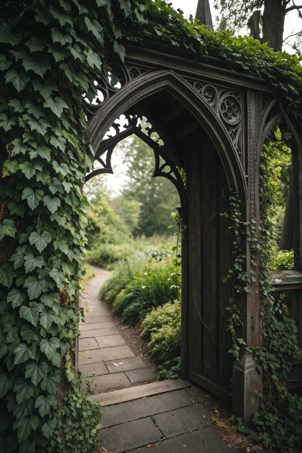 A gothic archway framed by ivy invites exploration.