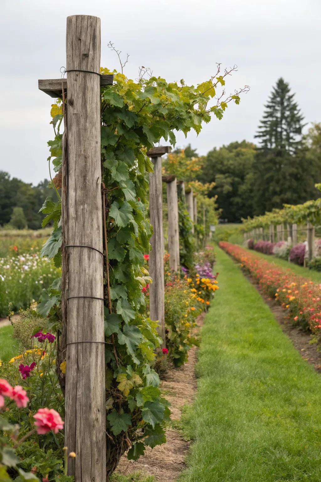 Rustic wooden posts providing a natural aesthetic for grape vines.