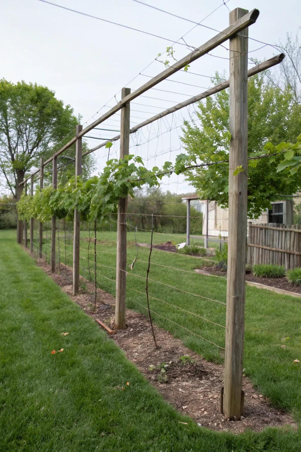 A simple yet sturdy post and wire trellis supporting healthy grapevines.