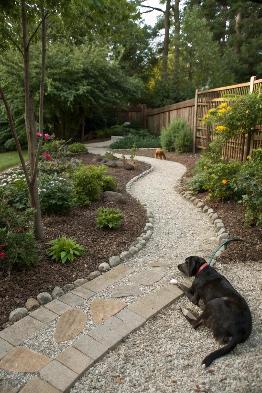 Dog lounging on a pea gravel path