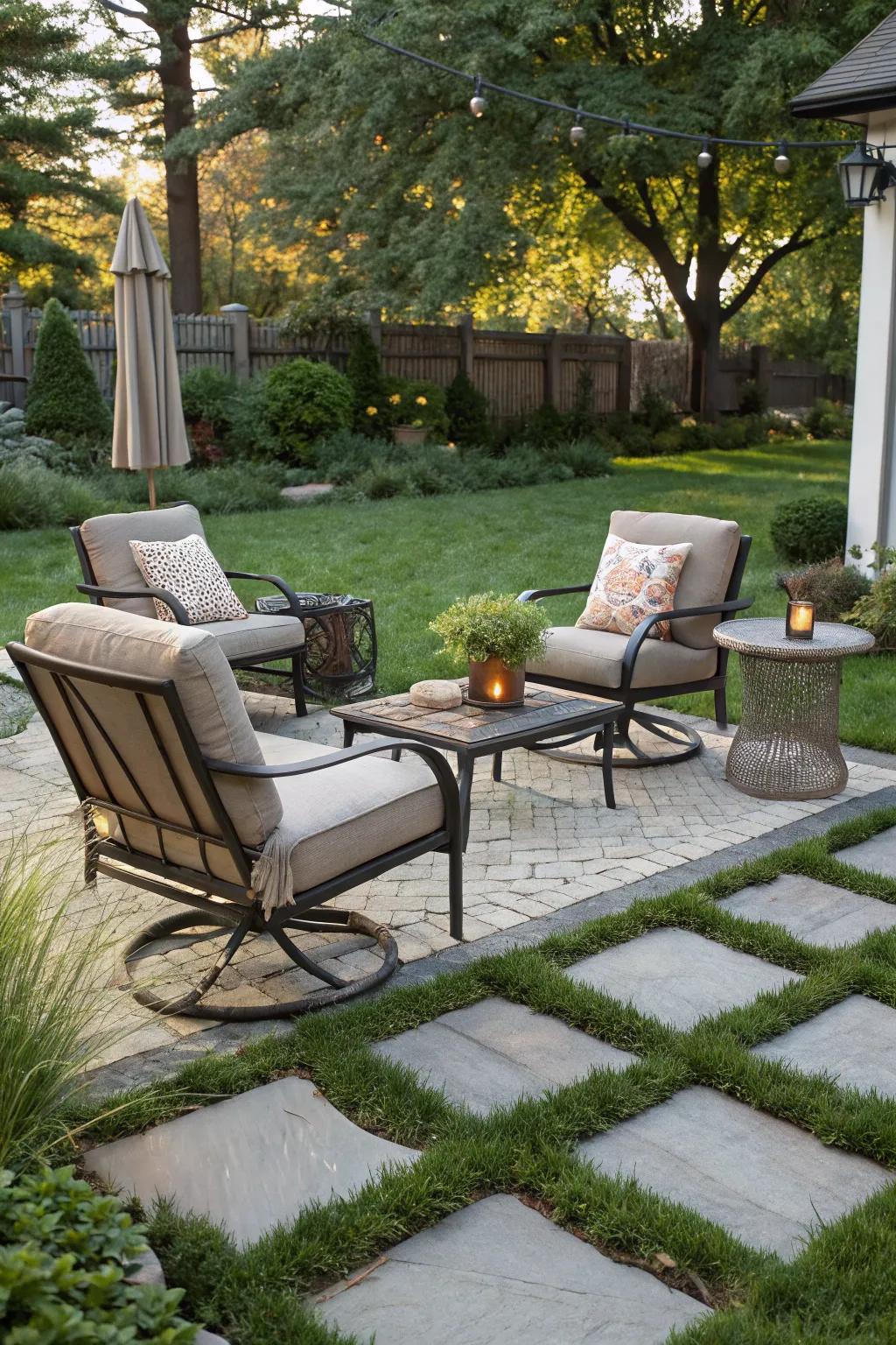 Create cozy outdoor corners with grass and pavers.