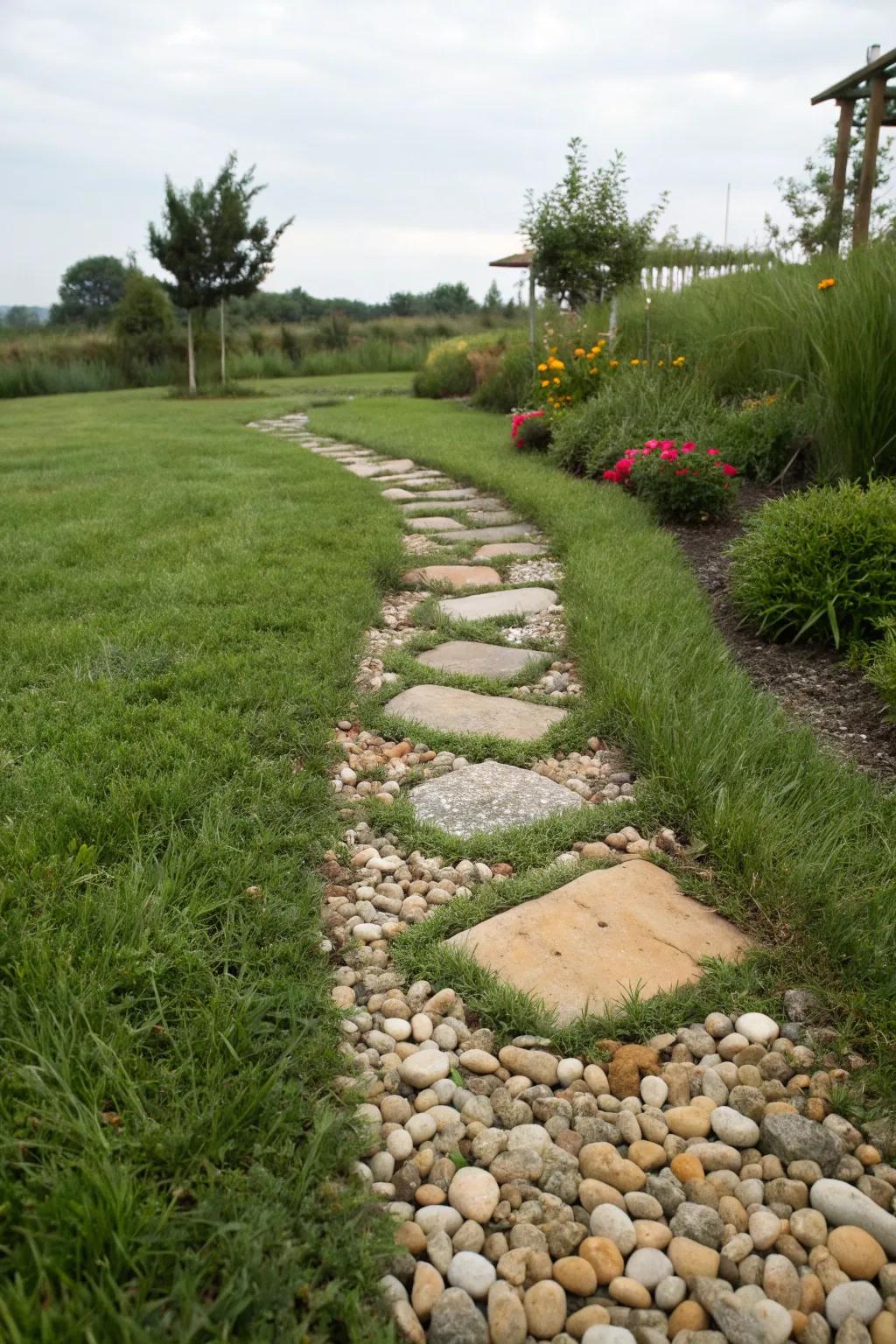 Grass walkway enhanced with pebbles for a coastal feel.
